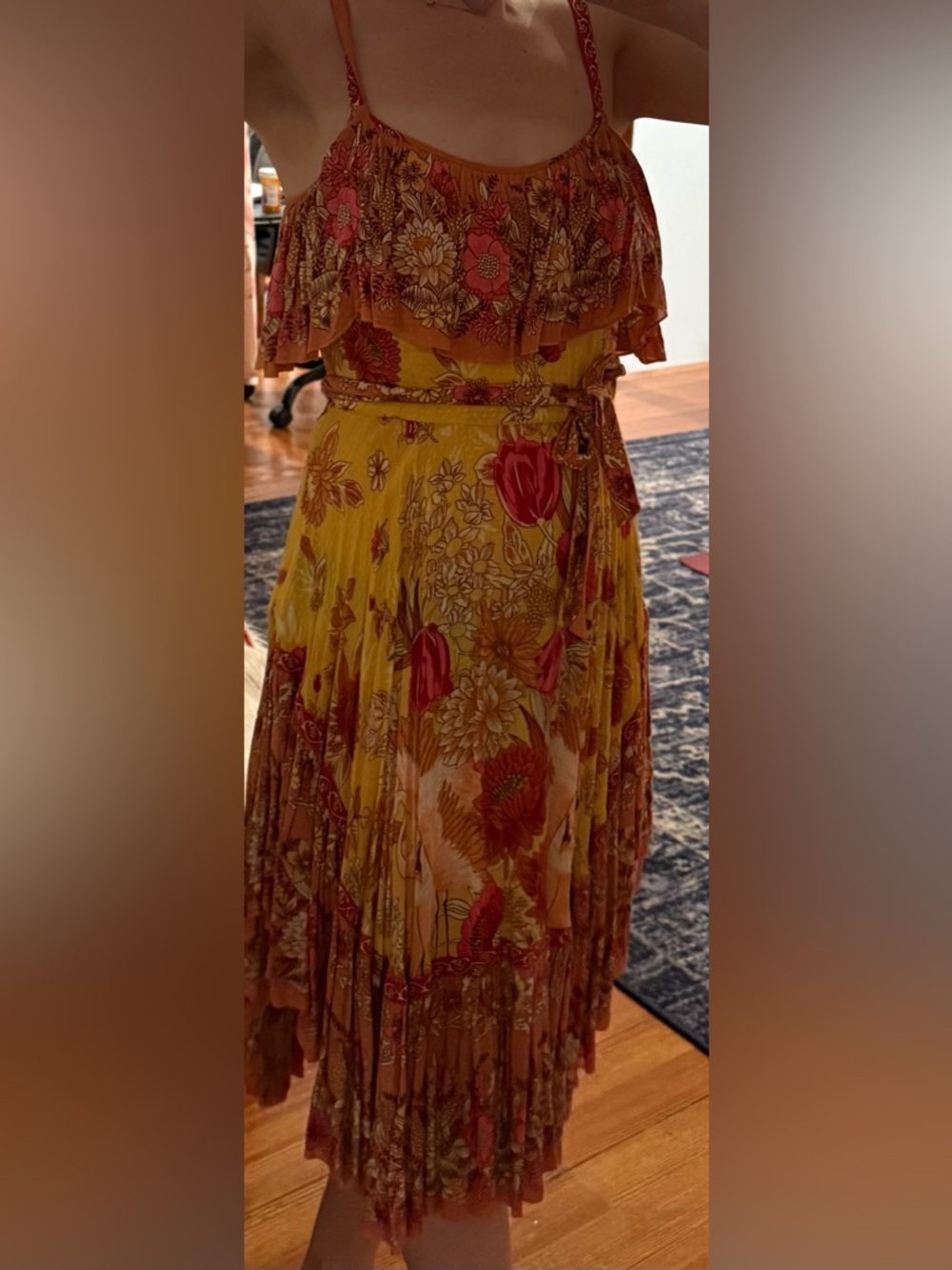 Free People Yellow Floral Tiered Midi Dress with Pink & Orange Accents